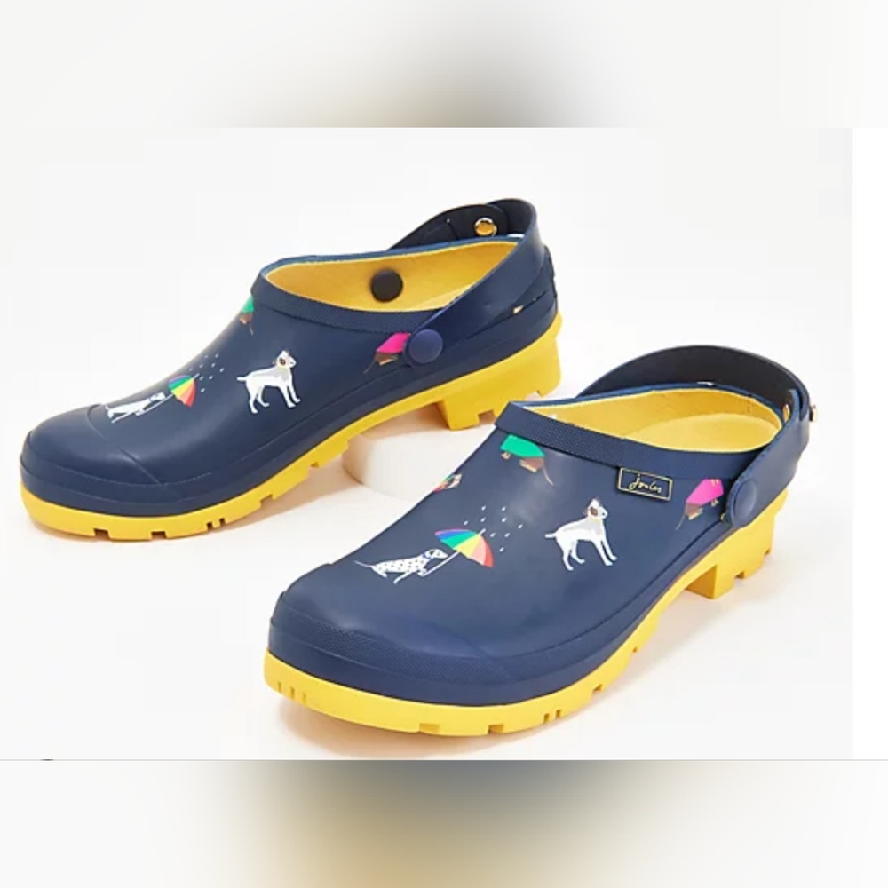 Joules Welly Clogs NWT, Navy Rainbow Dogs, Waterproof, GB 6/US 7 (fits 7½ - 8)